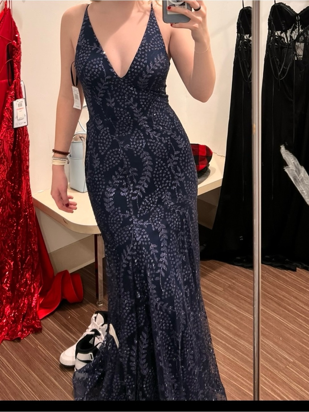 Navy Sequin V-Neck Evening Gown